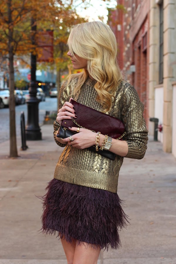 Michael Kors metallic gold cable knit sweater purple burgundy feather skirt atlantic pacific