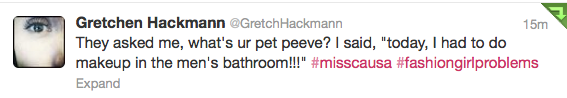 Gretchen Hackmann Tweets at Miss California pet peeve