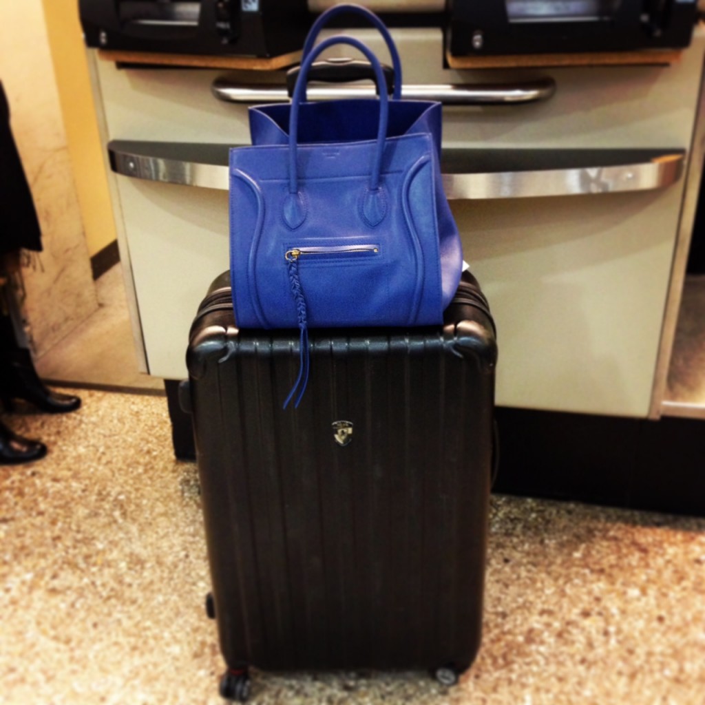 Luggage for the week with Celine "Phantom" tote in blue.