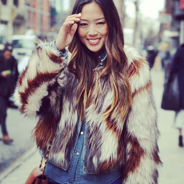Aimee Song of style twelfth street cynthia vincent brown white faux fur jacket new york fashion week