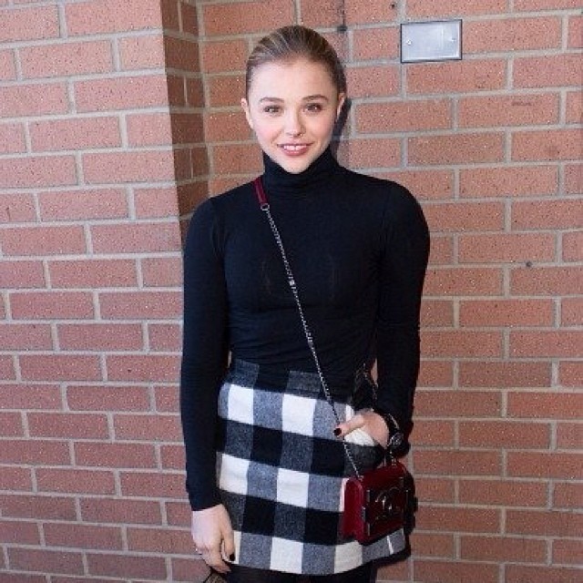 Chloe Moretz tartan plaid check skirt sundance chanel bag