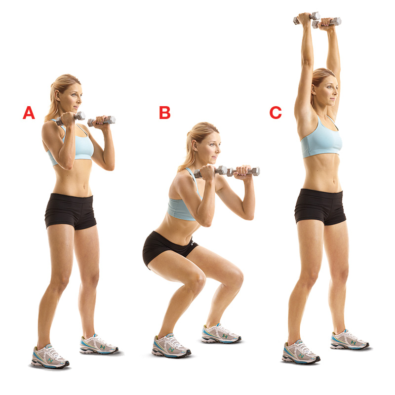 Thruster - squat to overhead press with dumbells - female exercise