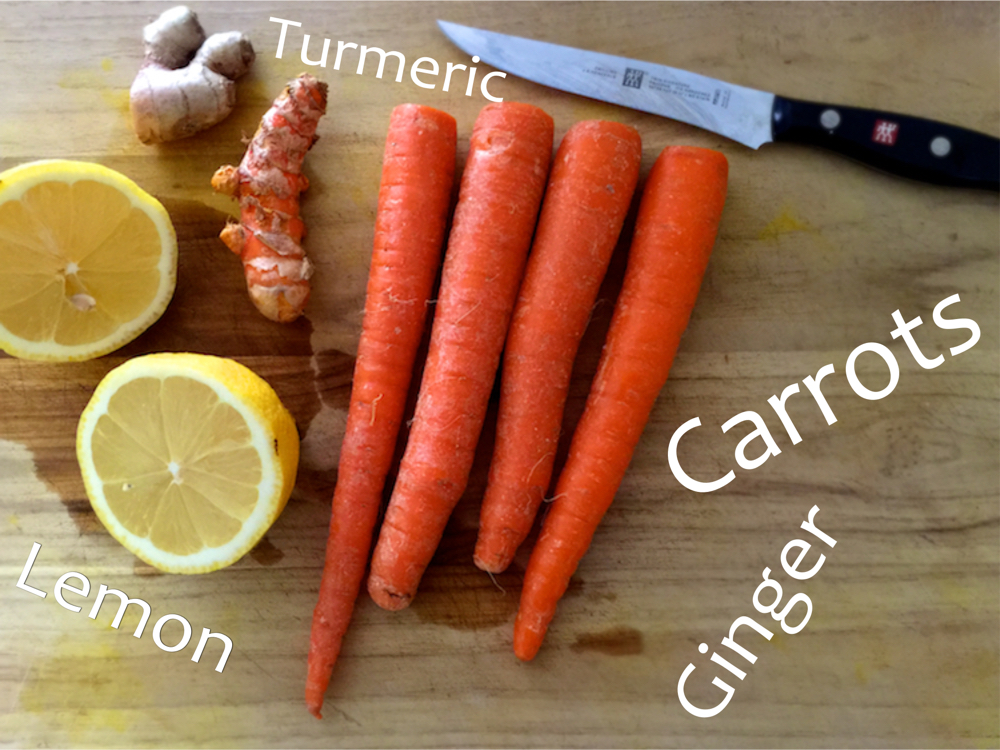 carrot juice elixir ingredients - ginger turmeric lemon