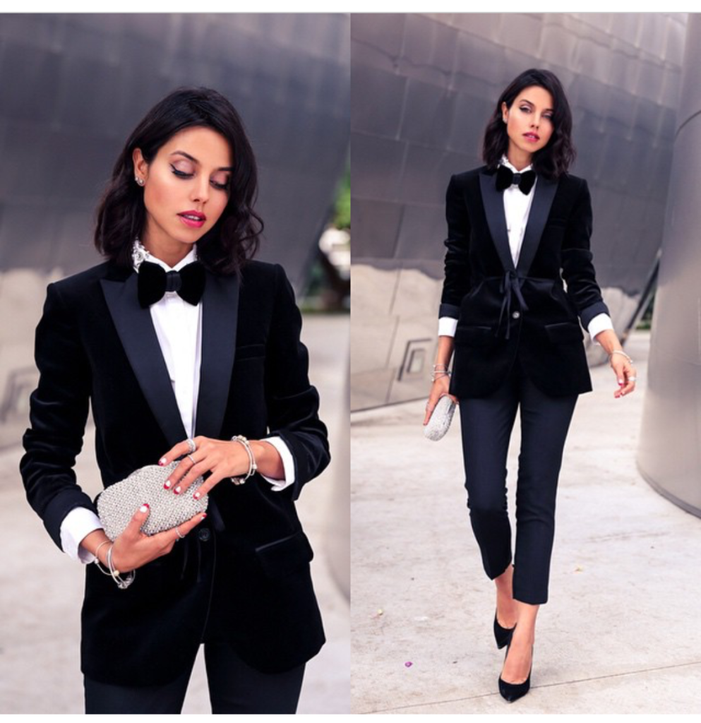 menswear inspired fashion trend - viva luxury blog wearing tuxedo and bowtie and stilettos