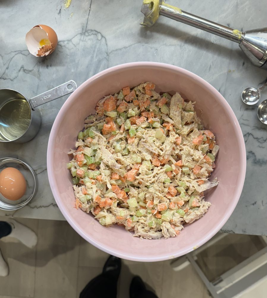 homemade Chicken salad in pink bowl