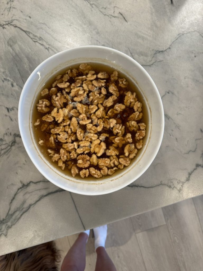 whole food: sprouted walnuts in a bowl of water