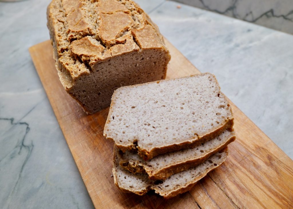 fermented buckwheat bread - gluten free on cutting board