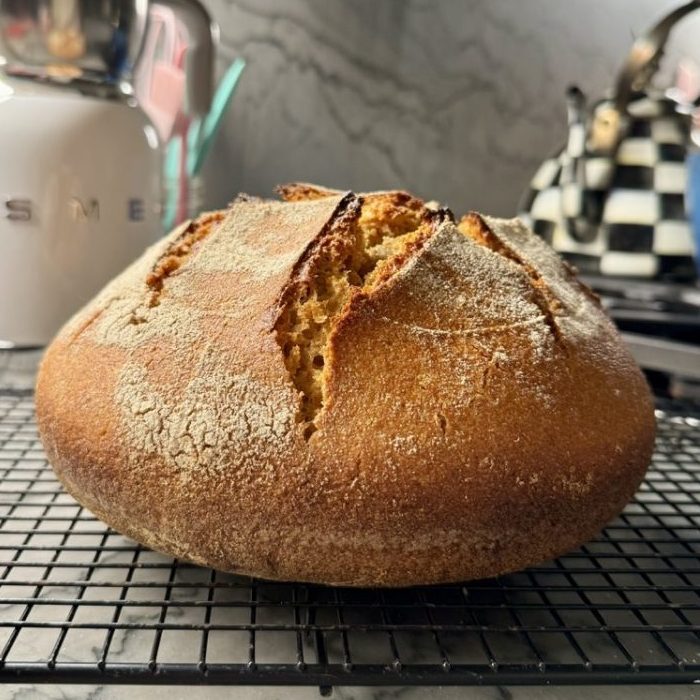 einkorn sourdough bread boule - on cooling rack