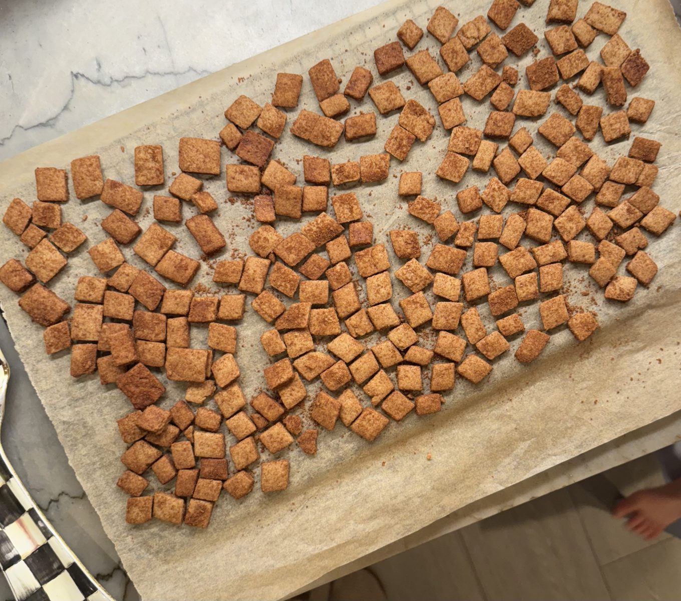 homemade cinnamon toast crunch on baking sheet