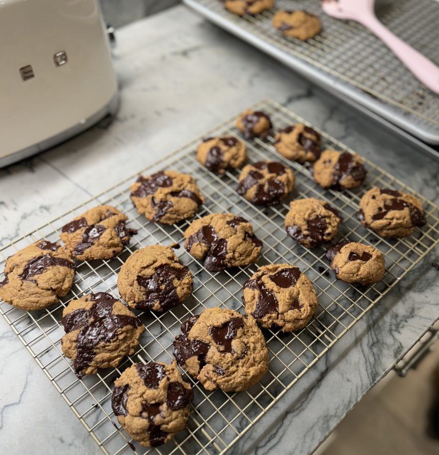 chocolate chip cookies on rack