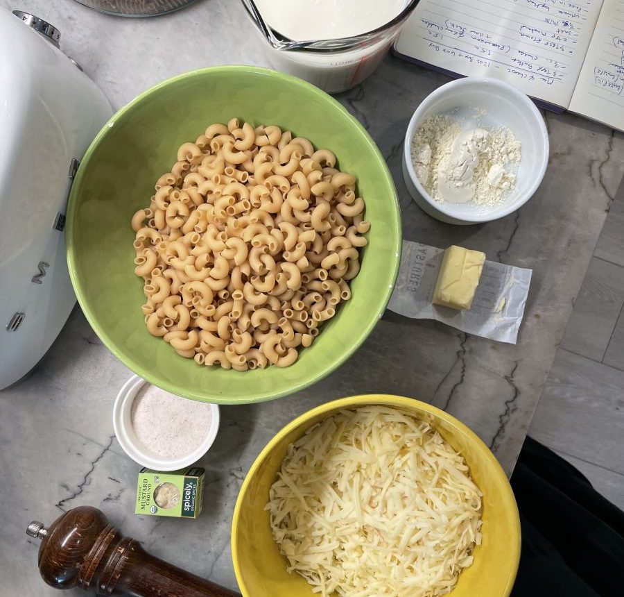 ingredients for homemade Mac and cheese - in bowls