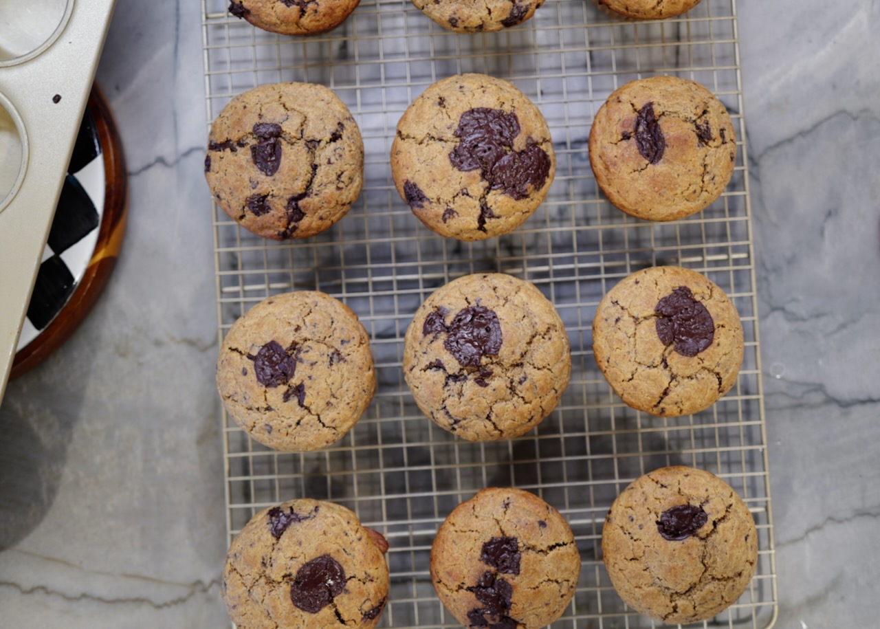 healthy chocolate chip muffins on rack