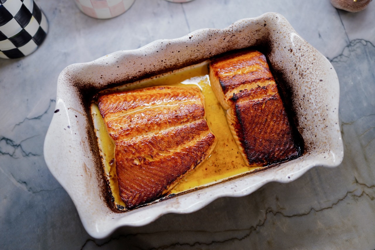 Baked Salmon filet in white baking dish