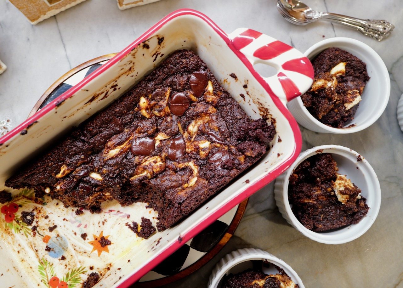 persimmon chocolate lava cake in candy cane baking dish