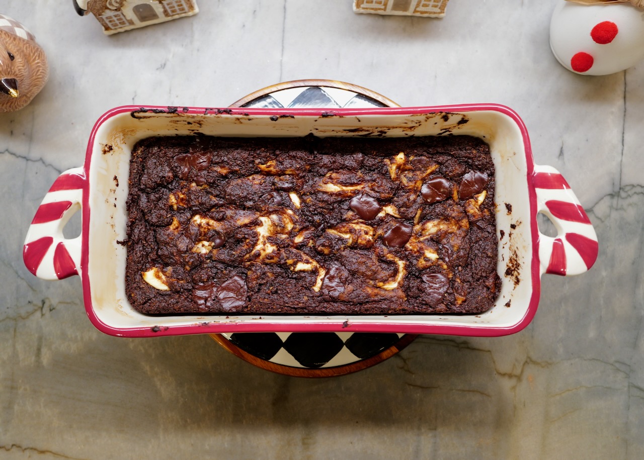 persimmon chocolate lava cake in holiday baking dish