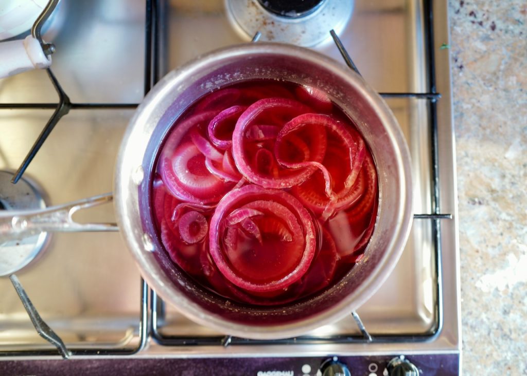 quick pickled red onions in pot