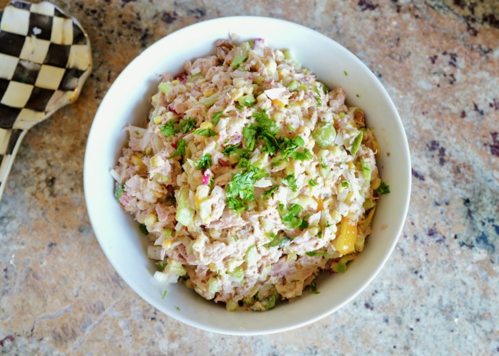 loaded tuna salad with homemade mayonnaise in bowl