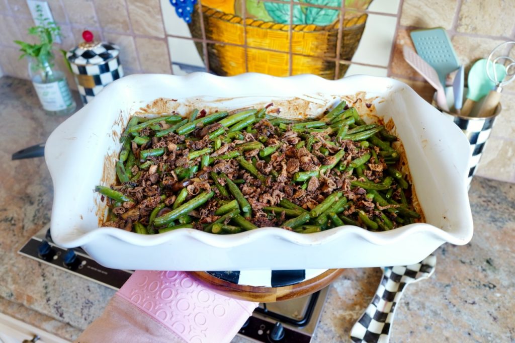 green bean casserole from scratch in casserole dish - thanksgiving side